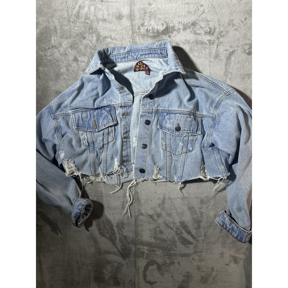 Signature 8 Womens Cropped Distressed Denim Jacket M/L Light Wash Frayed Raw Hem